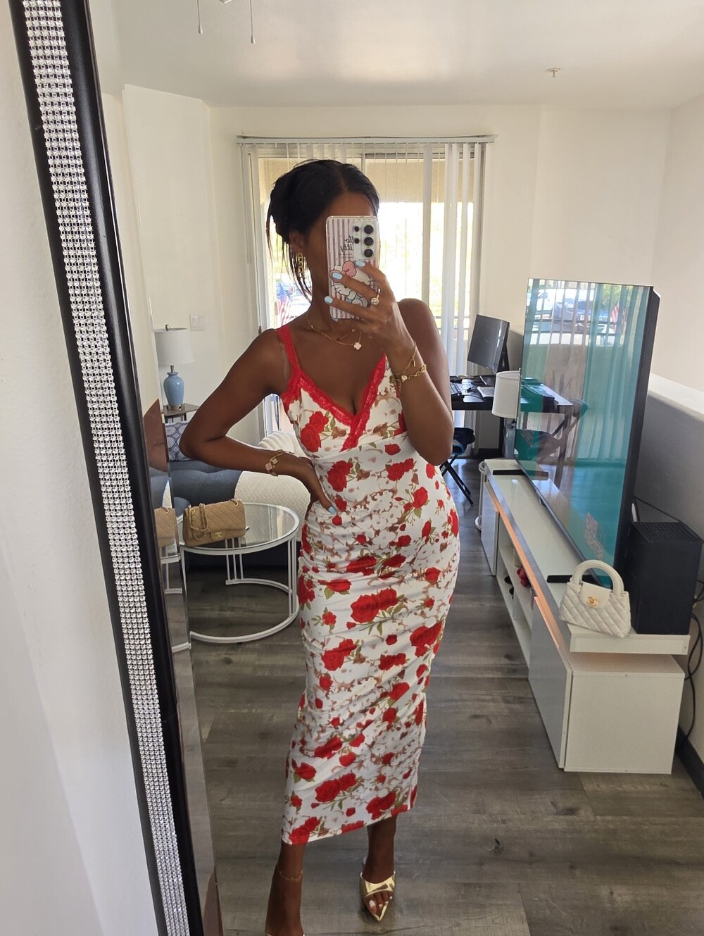 Floral Red and White Slip Midi Dress - Women - Picture 14 of 17